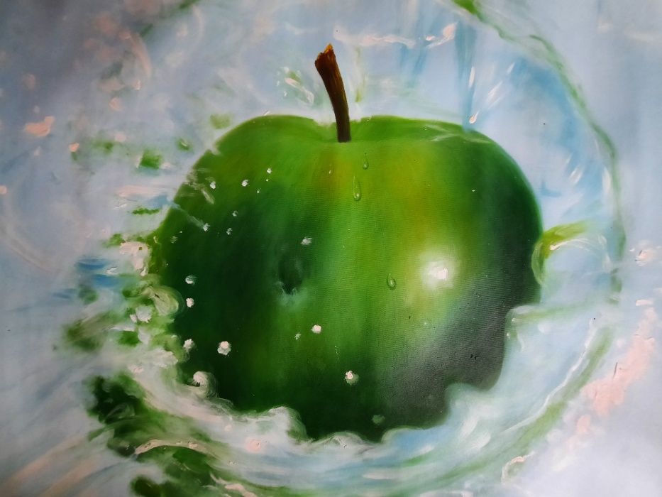 Obraz stary olej płótno jabłko zielone martwa natura