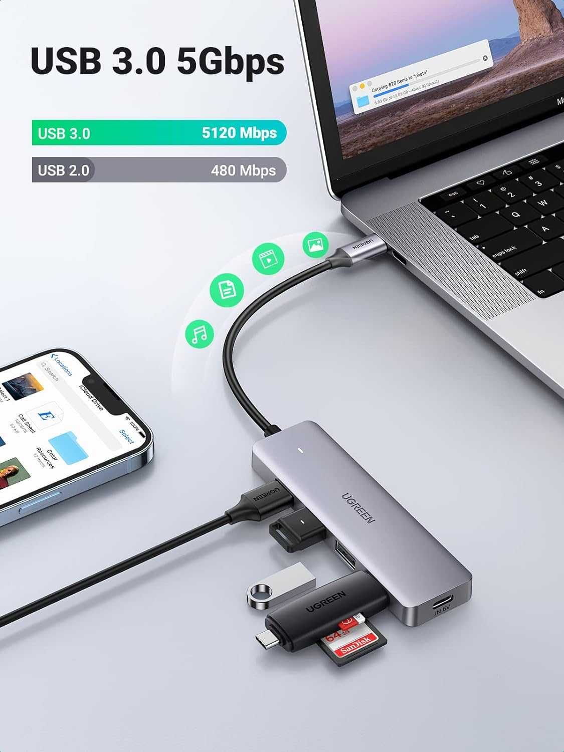 UGREEN Rozdzielacz USB C na USB 4 porty USB 3.0
