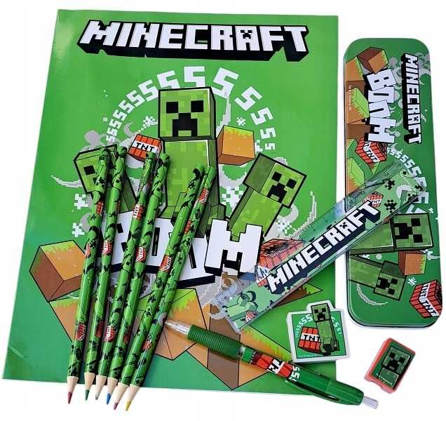 MINECRAFT Szkolny Gadżet Zestaw Piśmienniczy 12 EL Piórnik Kredki Nowy