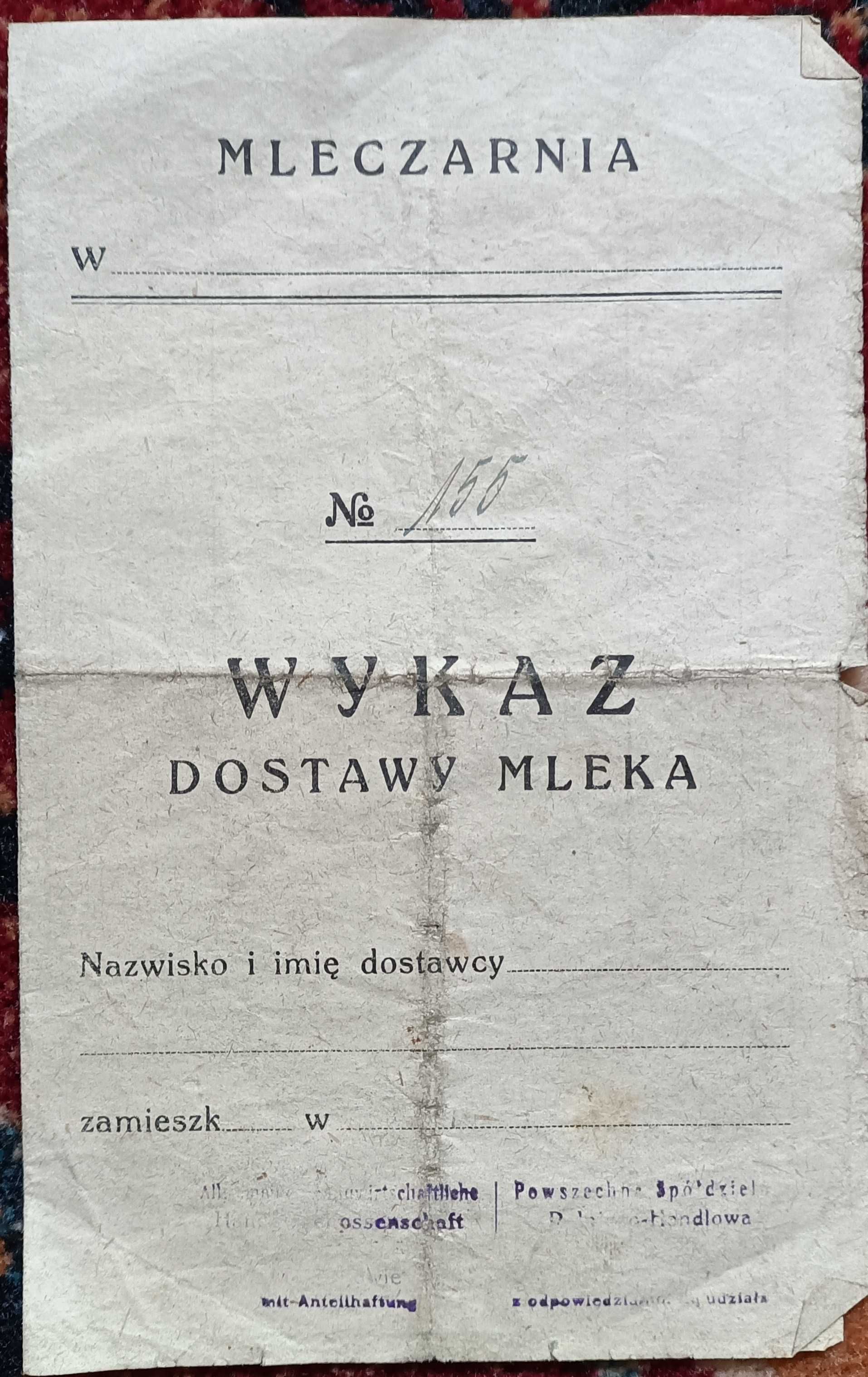 Wykaz dostawy mleka okupacja niemiecka 1945 rok