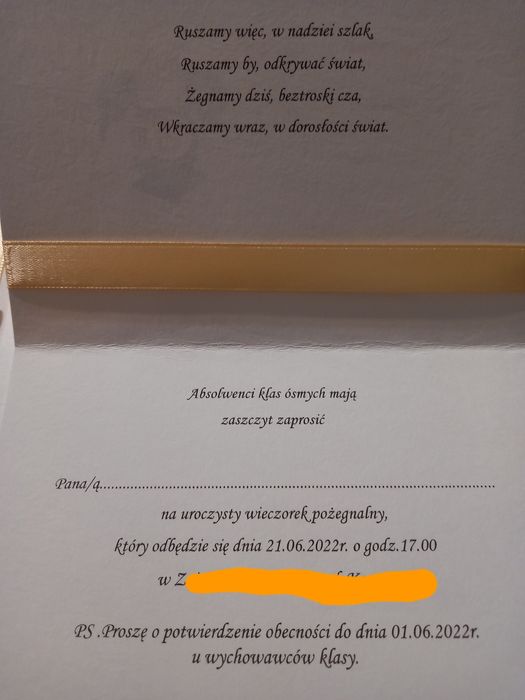 Zaproszenie na zakończenie 8 ósmej klasy