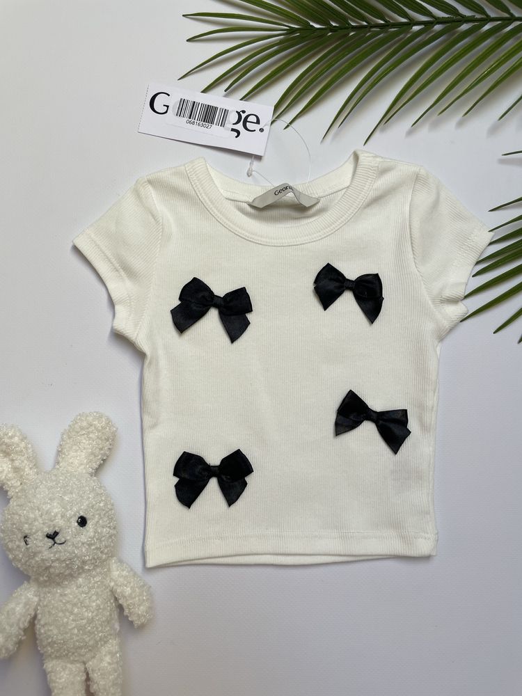 104-110 George 98 biała prążkowana koszulka tshirt z kokardkami prążek