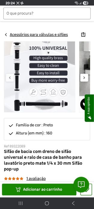 Sifão para lavatório preto.