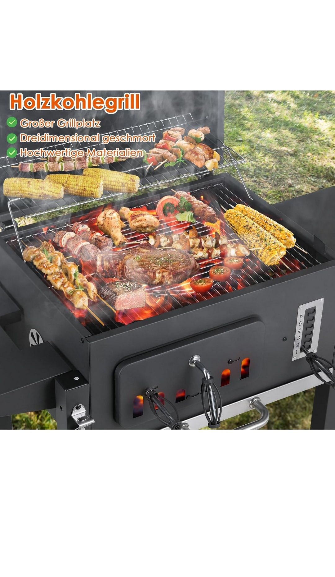Grill na węgiel drzewny XXL z pokrywą, termometrem, półką i kółkami