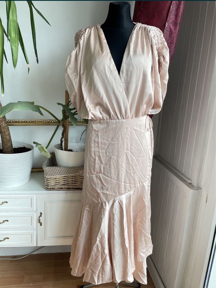 Beżowa Satynowa sukienka midi asos luxe kopertowa 46 3 xl