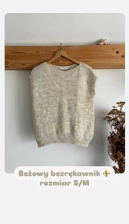 Sweterek beżowy, basic, wełna, elegancki, do pracy, na jesień, S/M