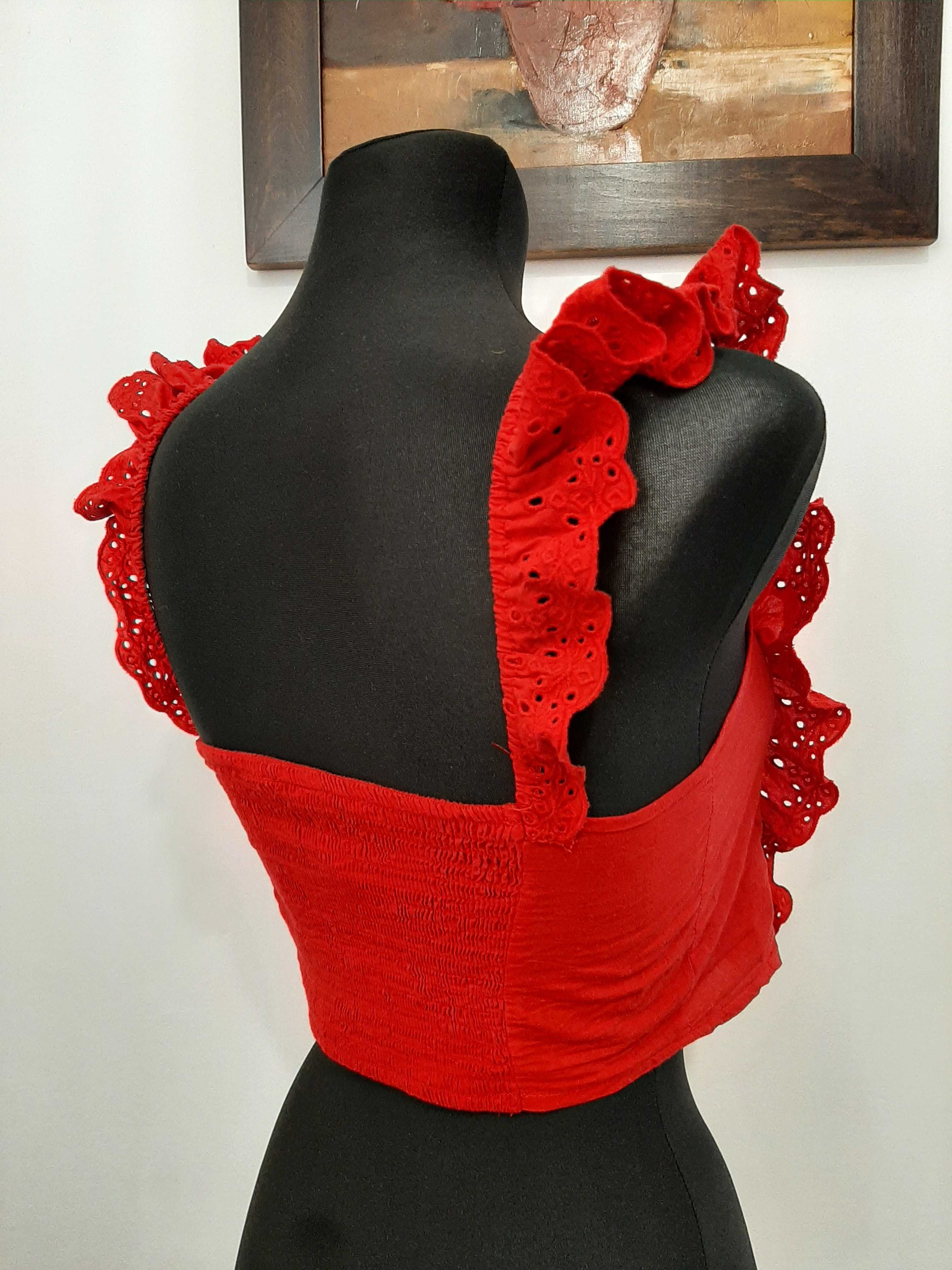 Czerwony crop top z falbankami, XS/S