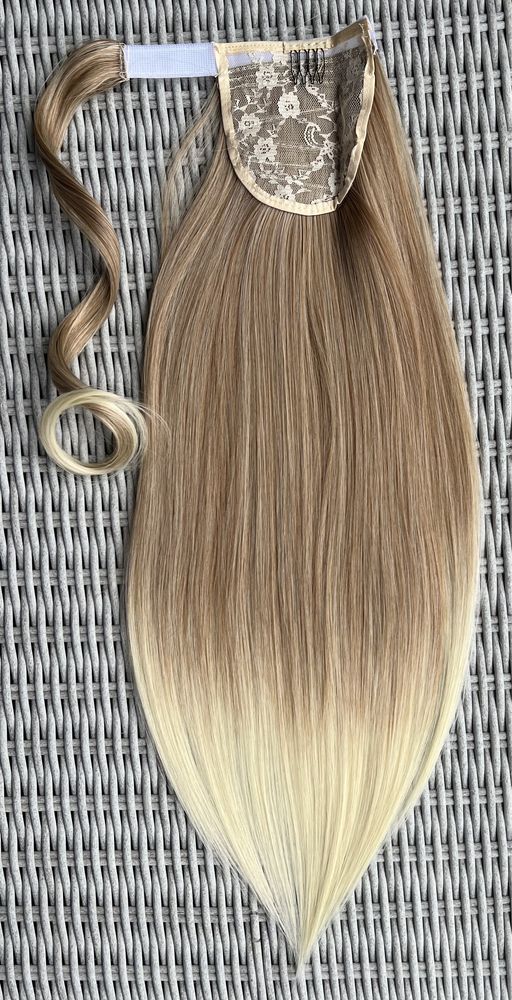 Premium Ultra włosy doczepiane, blond / ombre, kucyk, treska