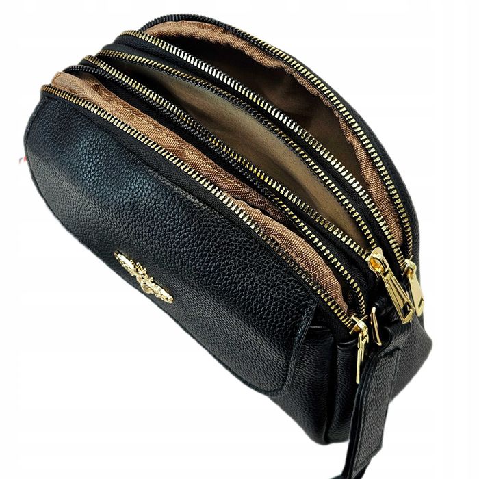 trzykomorowa torebka listonoszka damska czarna skórzana pszczółka