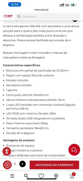 Cama criança alta gamer