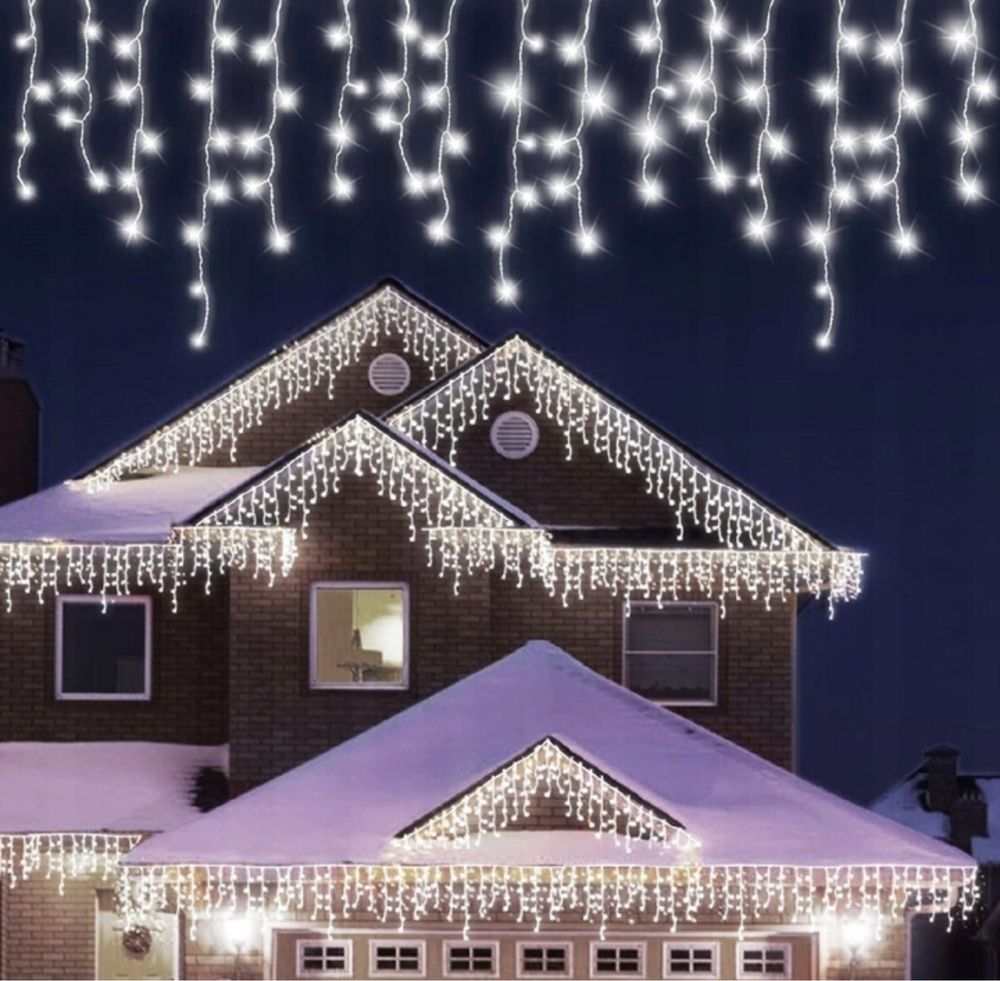 Sople Lampki 300 Led Zewnętrzne Wewnętrzne Białe Zimne Świąteczne 15 m