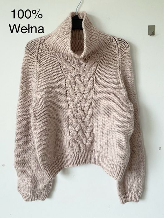 Pudrowy wełnianu golf warkocz pleciony sweter handmade gruby splot