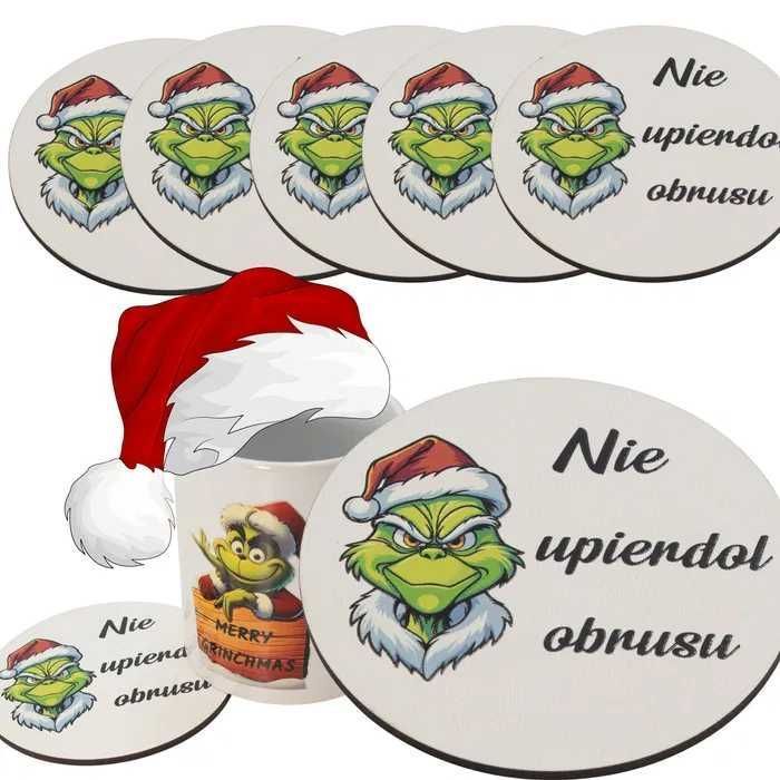 2x ZESTAW 5szt Podkładka pod kubek drewniana GRINCH na stół BIAŁE