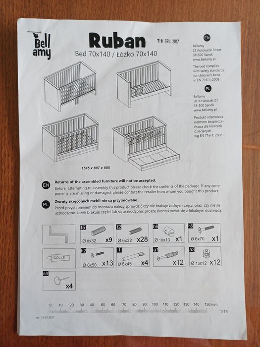 Łóżeczko dziecięce Bellamy Ruban 140x70 z barierką, jak nowe!