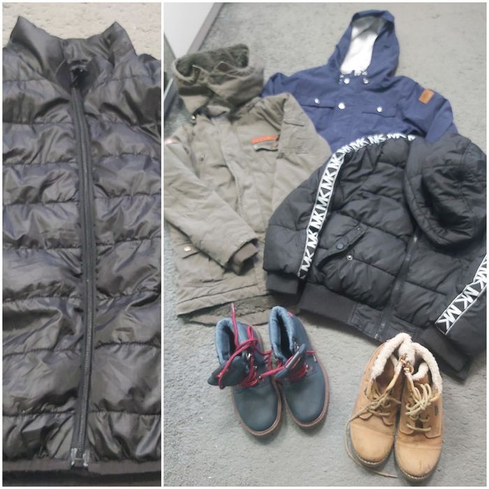 Cztery kurtki 122 + buty zimowe r. 29