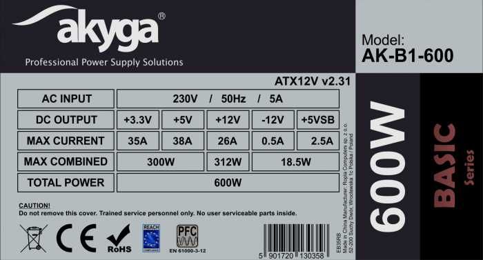 Zasilacz ATX 600W Akyga  P4 PCI-E 6+2 pin 4x SATA 2x Molex PPFC  12cm