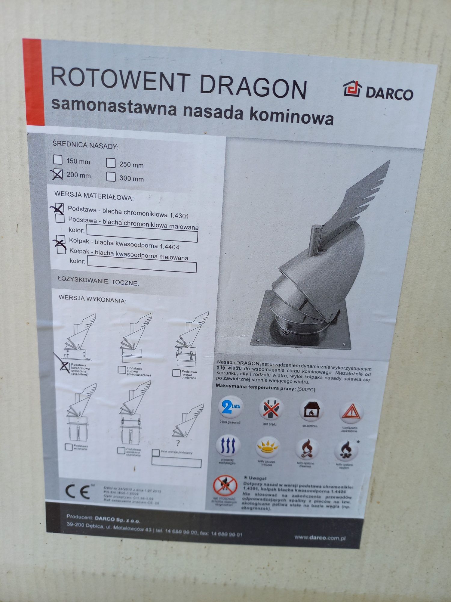 Nasada kominowa DARCO strazak Rotowent Dragon  fi 200mm z podstawą