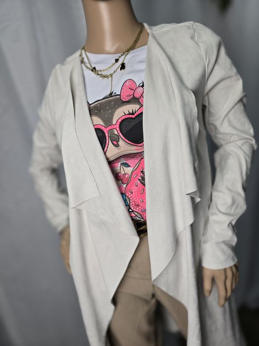 Kardigan Narzutka beżowa latte zamsz zamszowa asymetryczna długa S