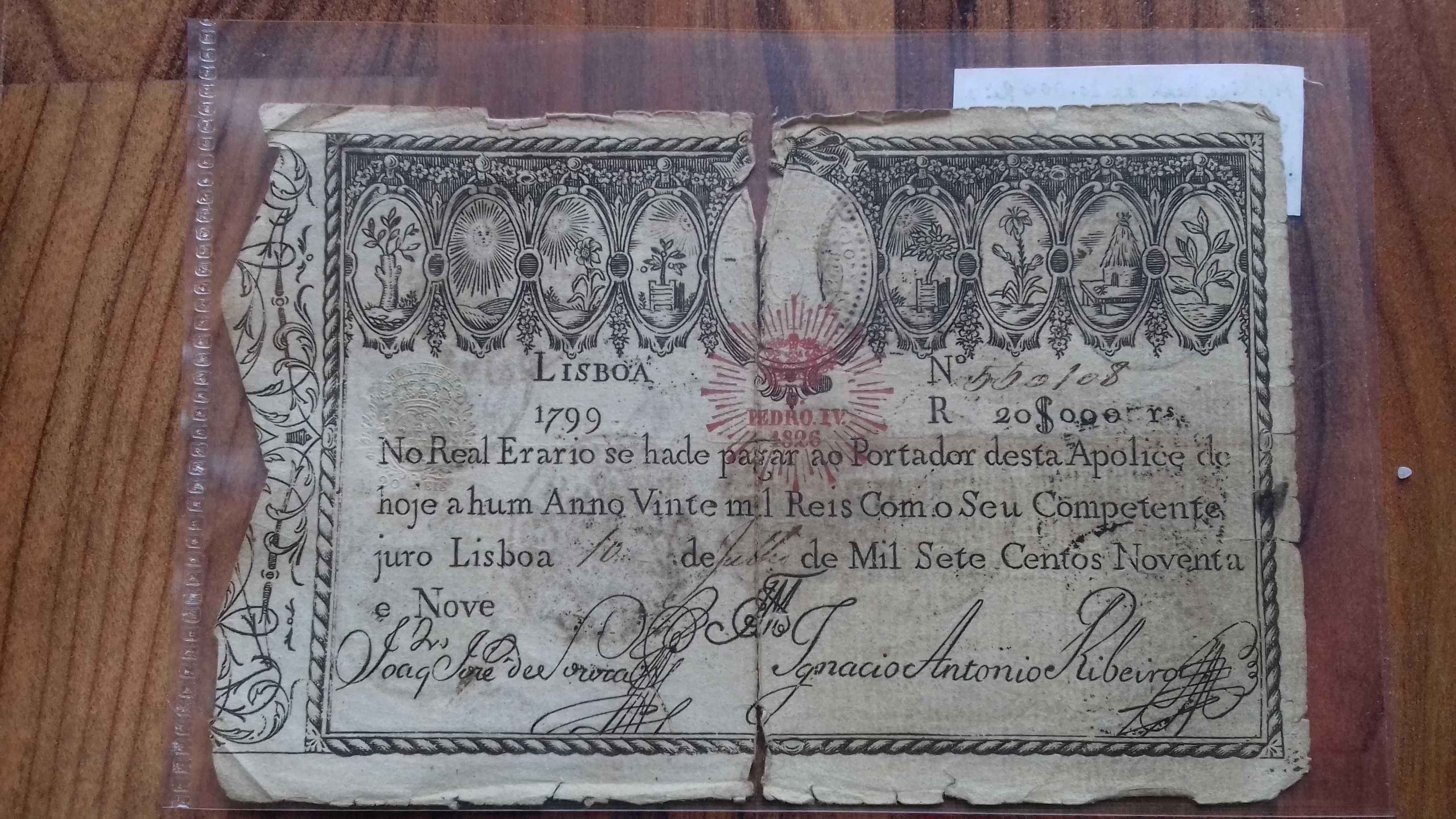 Apólice Real 20.000 Reis 1799 C/Carimbo D. Pedro IV de 1826