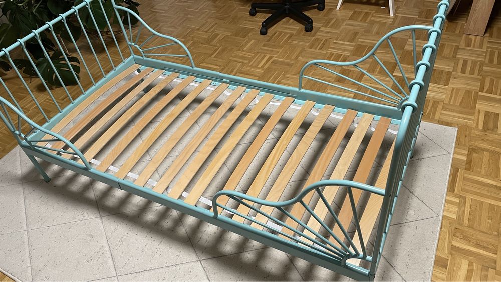 Łóżko dziecięce/rozsuwane IKEA MINNEN miętowe + materac INNERLIG