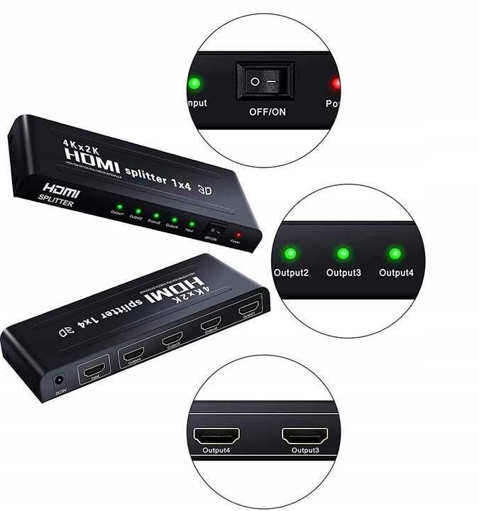 Splitter HDMI 1 x 4 4K 2K 3D FullHD Rozdzielacz HDCP 2.2 1x4