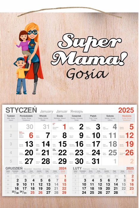 kalendarz wiszący 2025 drewniany personalizowany prezent dzień mamy +