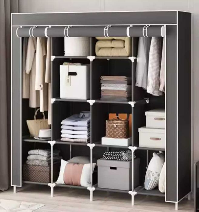 Складной шкаф тканевый для одежды органайзер серый черный 3 и 4 секции