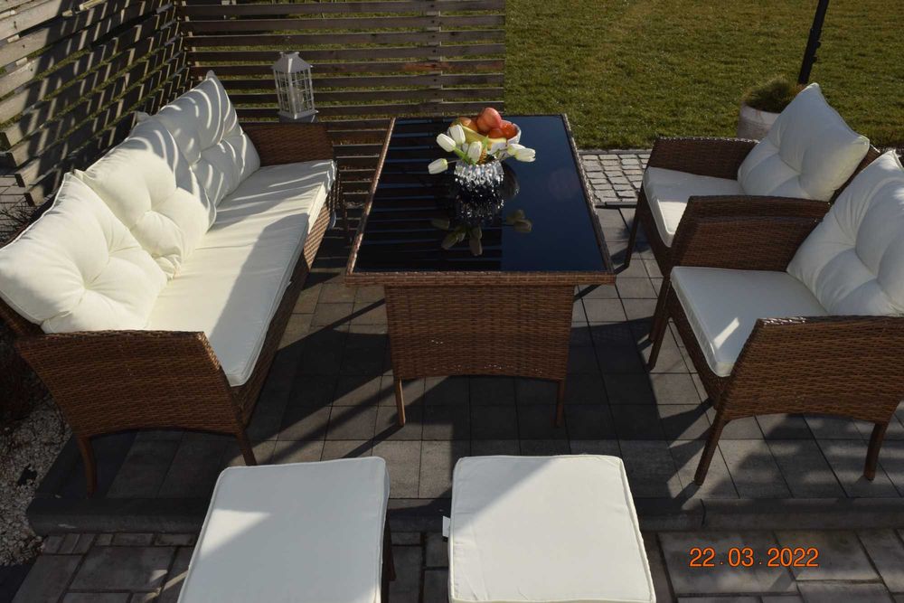 zestaw ogrodowy technorattan ODESSA sofa 3  2szt fotel 2szt pufa miod