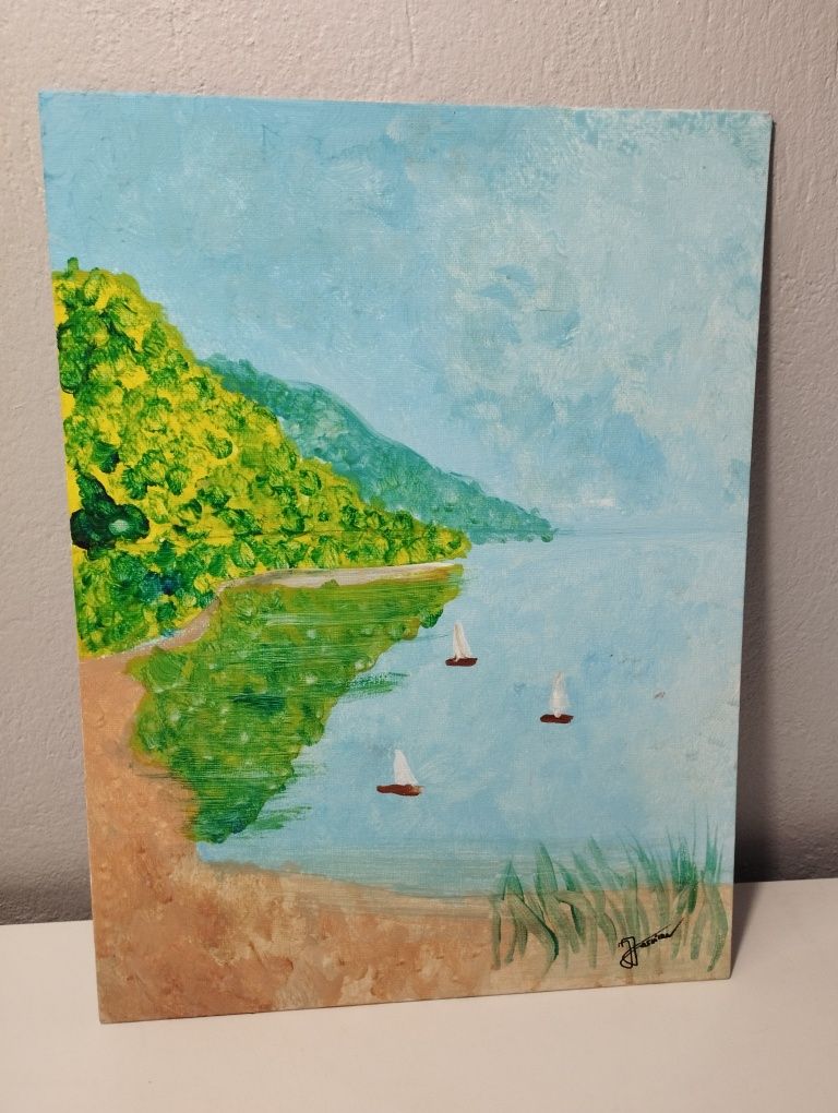 Obraz namalowany, handmade, żaglówki, jachty na jeziorze, na prezent