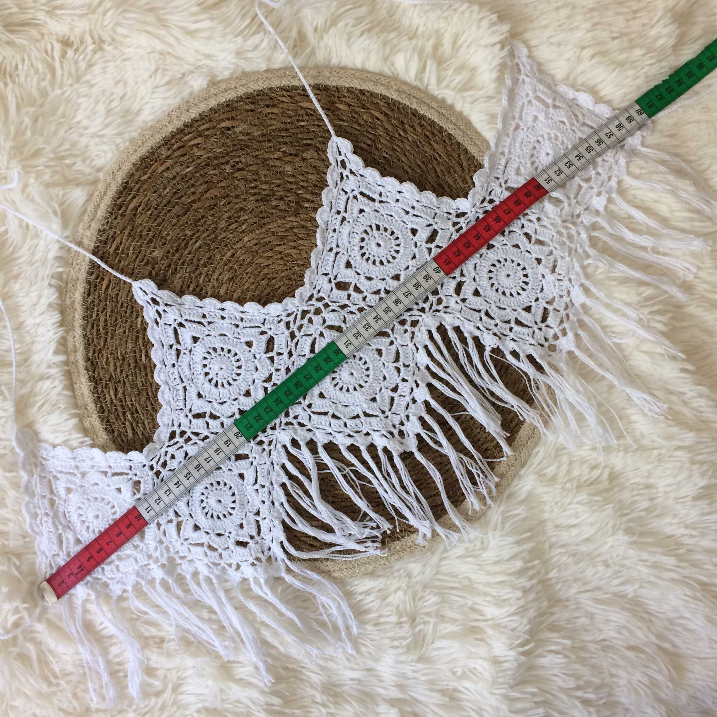 Crop top biały boho hippie szydełko frędzle letni plażowy ażur XS 34