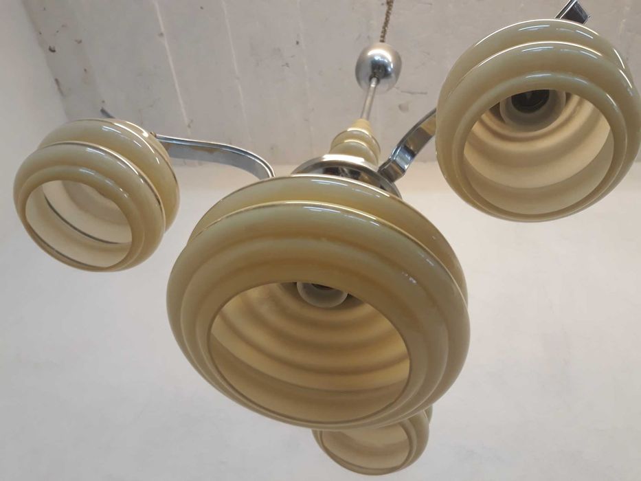 Żyrandol przedwojenny art deco 3 ramienny srebrny chrom uranowe szkło