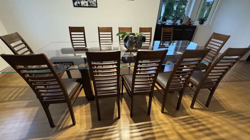 Stół 280x100 szklany blat nogi lite drewno