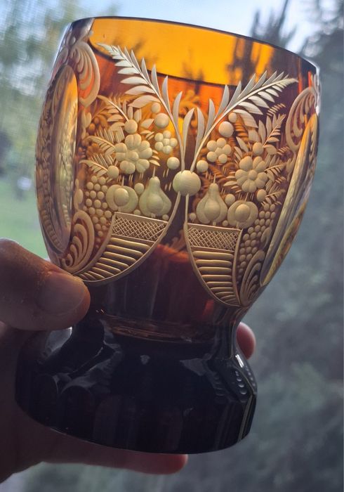 Egermann Bohemia Stara ciężka szklanica - puchar szkło bursztynowe syg