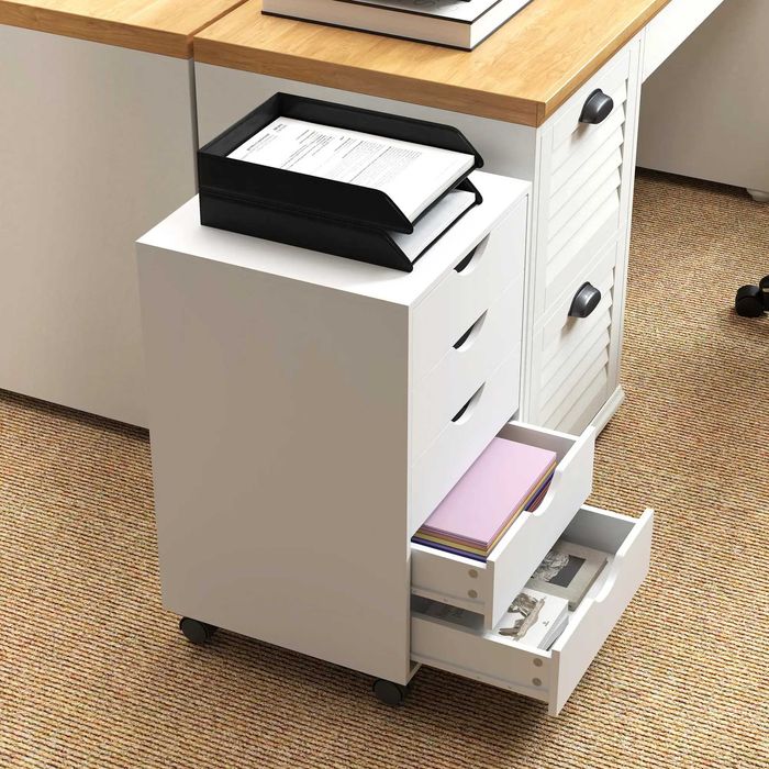 HOMCOM Bloco de Gavetas com Rodas 5 Gavetas 40x40x67 cm Branco