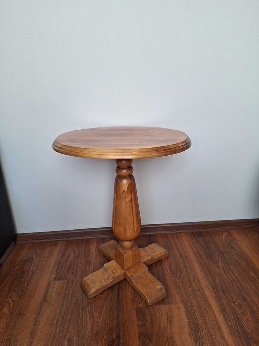 Stolik drewniany brązowy okrągły PRL vintage