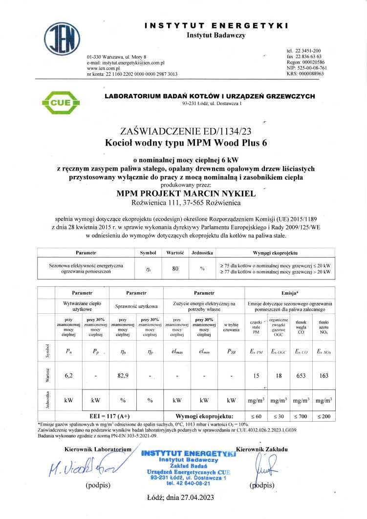 Kocioł, piec MPM WOOD Plus 6 kW - Ecodesign - zgazowujący drewno