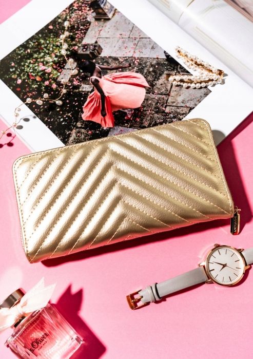 Duży Złoty Damski Portfel Skórzany Piórnik na Suwak prezent pojemny