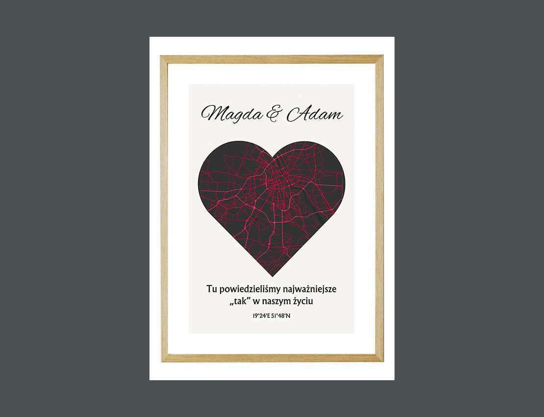 Wyjątkowy Plakat z Mapą "Dzień Waszego Ślubu" 50x70 w ramie