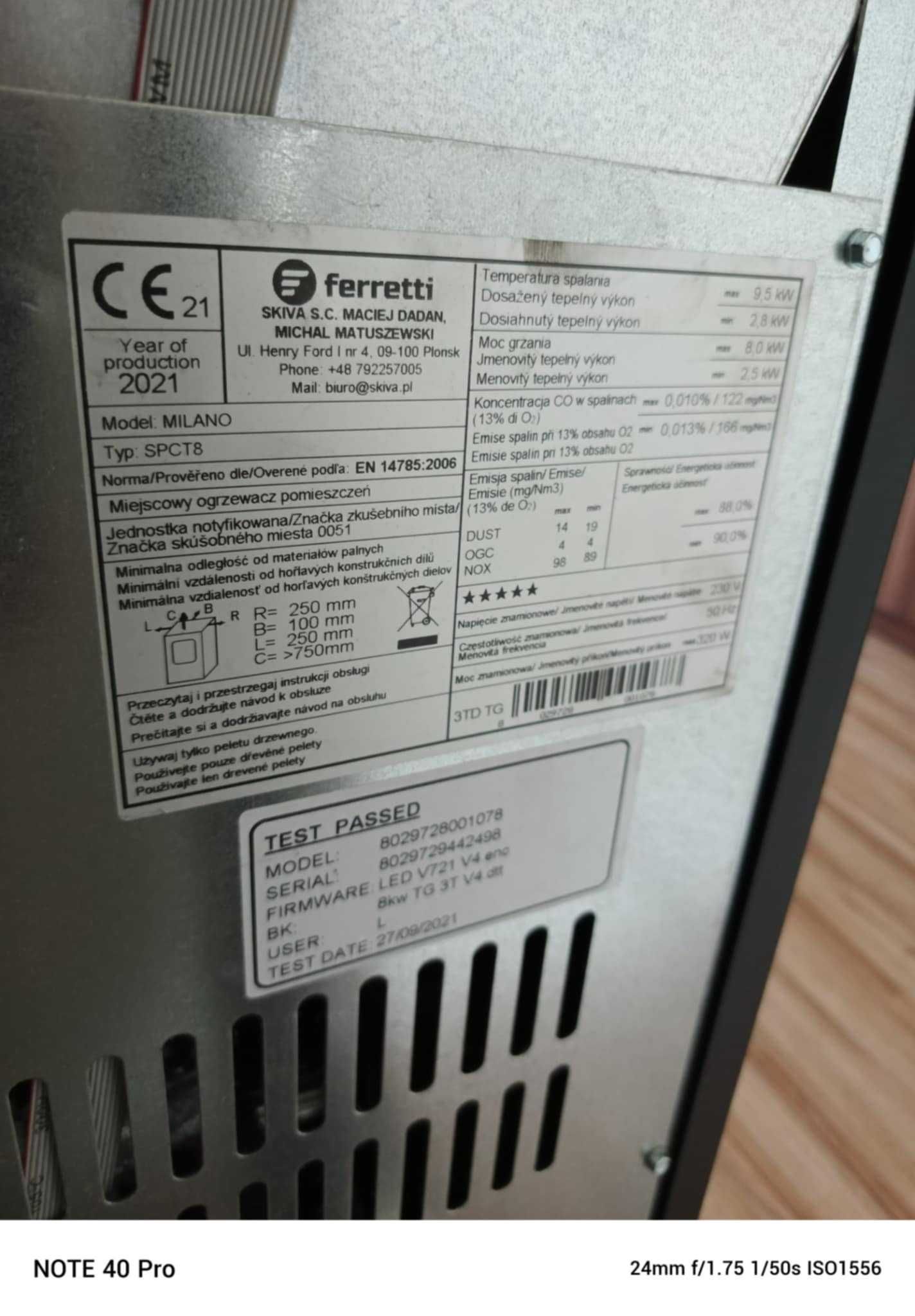 Piecyk na pellet Ferretti MILANO 8kW | Stan idealny | Rok 2021