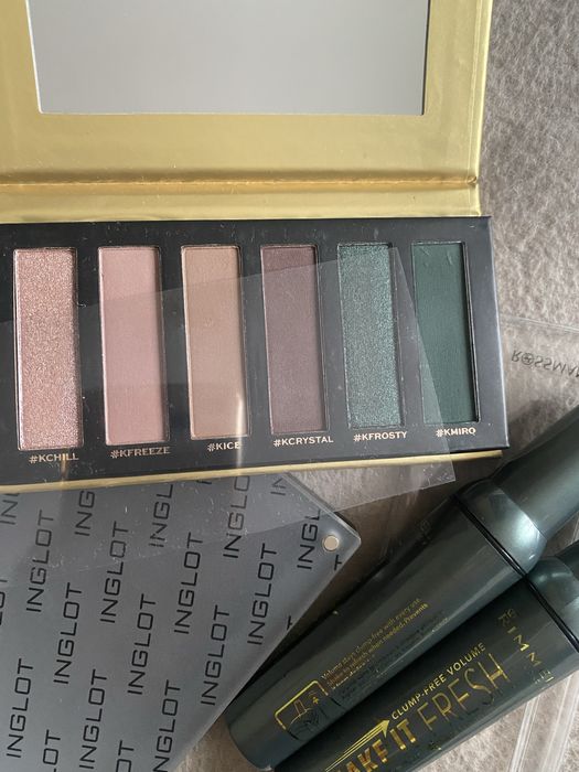 Zestaw kosmetykow Inglot cienie kasetka Rimmel mascara tusz Revolution