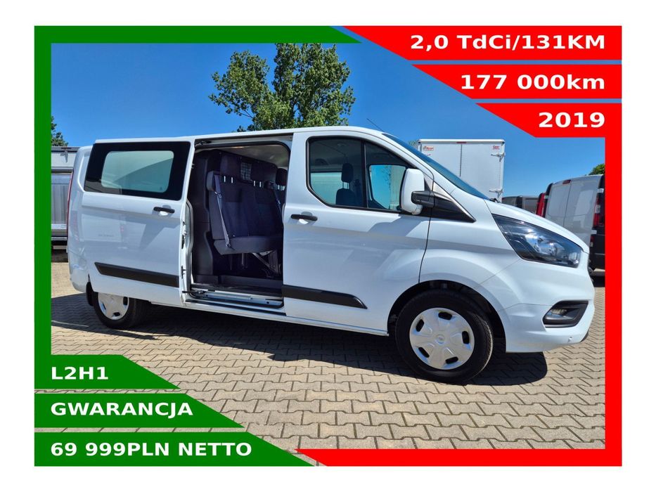 Ford Transit-Custom L2H1 *69999zł NETTO* Brygadówka 5 osób 2,0TdCi/131KM  Klima, Tempomat, Airbag, Czujniki, Grzane fotele i szyba Hak 2800kg