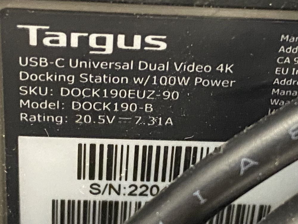 Док-станція Targus DOCK190EUZ USB-C / Thunderbolt 3 — комплектна
