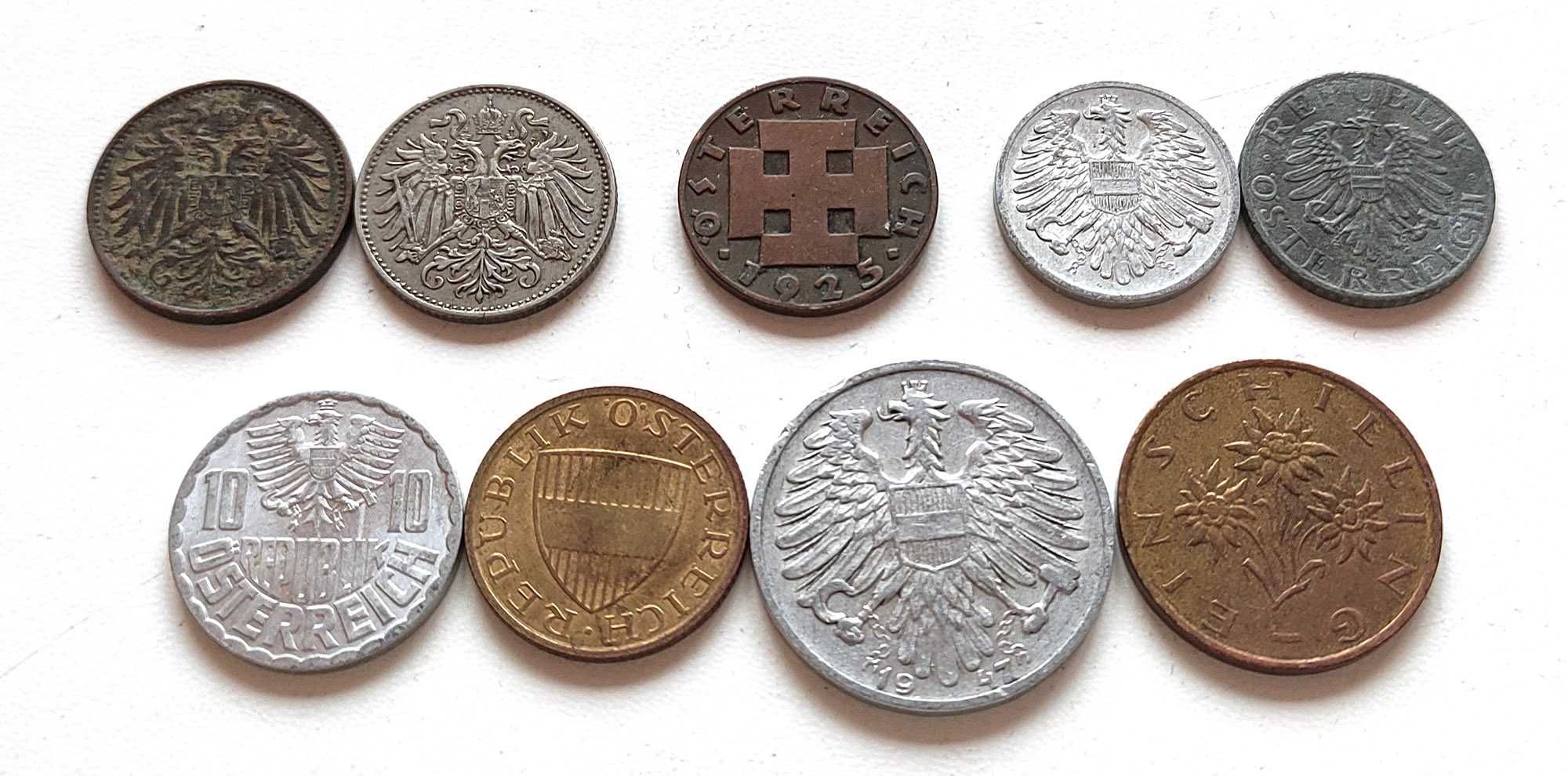 Набор монет Австрии (геллеры, гроши, шиллинги), 9 шт