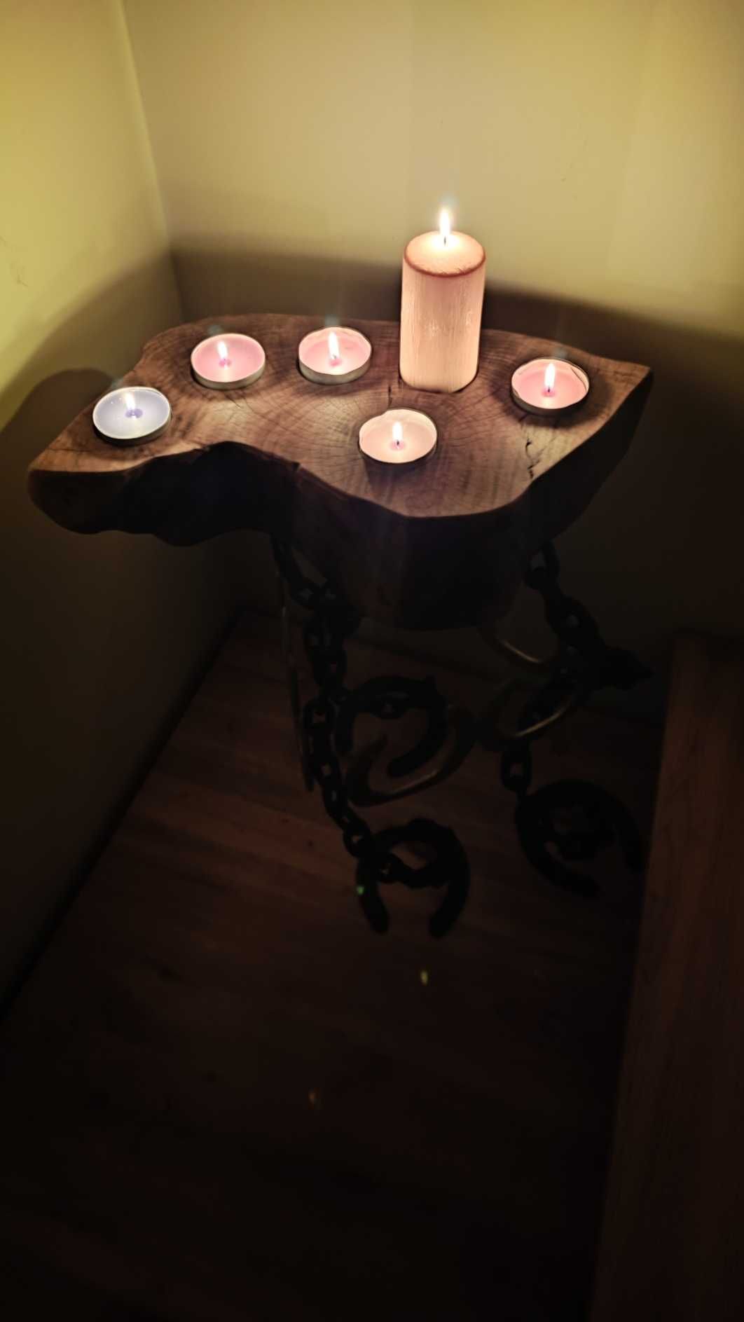 Stolik, świecznik drewniano-metalowy