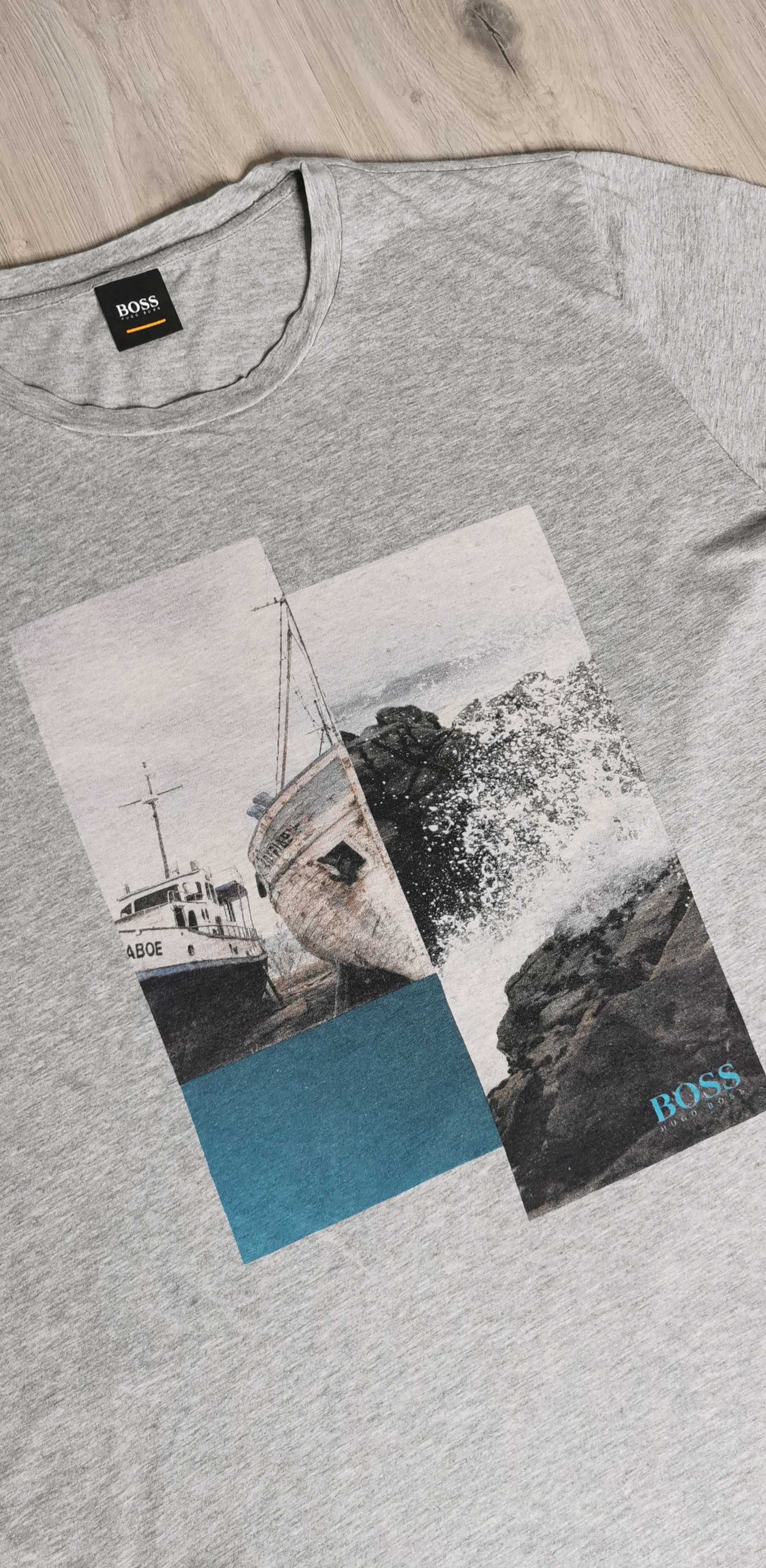 T-shirt Hugo Boss duży nadruk boat big print rozmiar M/L szary grey