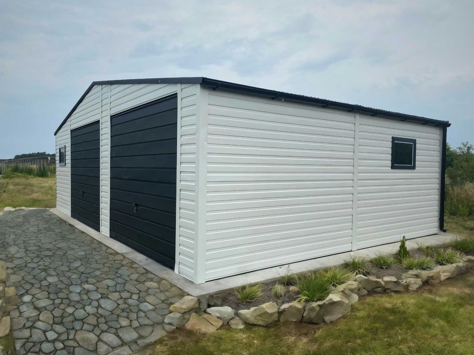 Garaż blaszany ogrodowy biały grafit 9x5m dwustanowiskowy garaz