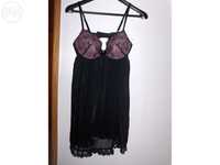 Camisa lingerie preta com renda rosa