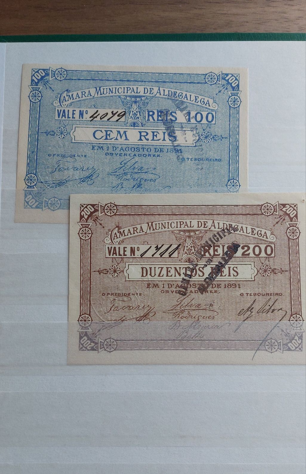 Cedulas notas aldegalega 300 reis