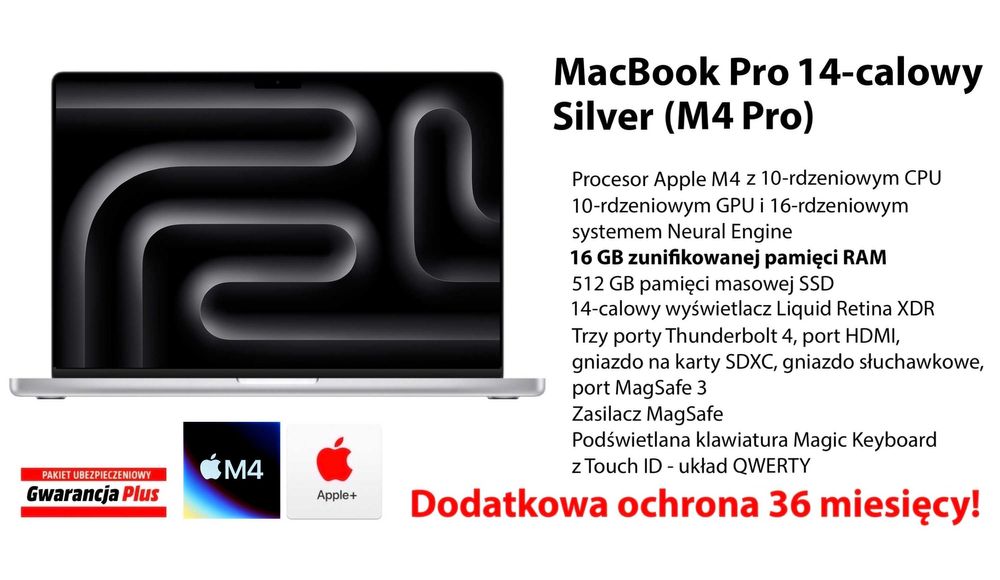 NOWY Apple MacBook Pro 14 M4 16GB RAM 512GB SSD Silver GW-3LATA! FV23%