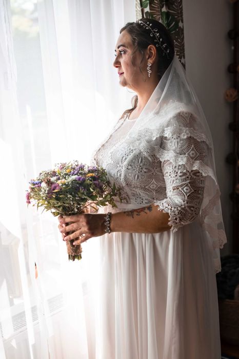 Suknia ślubna boho/rustykalna Ochocka Atelier, 44-46/172 plus dodatki
